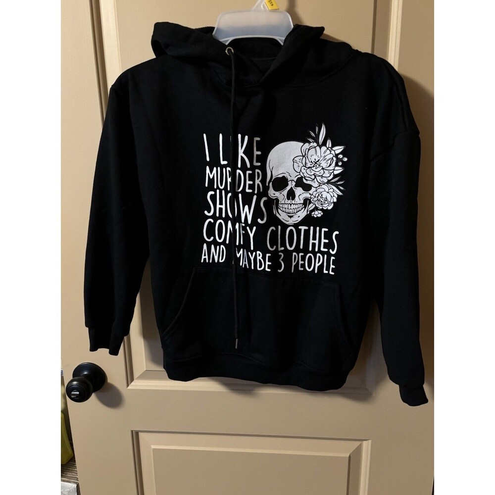 I Like Murder Shows Black Pullover Sweatshirt Hood Skull Halloween Size M Preown